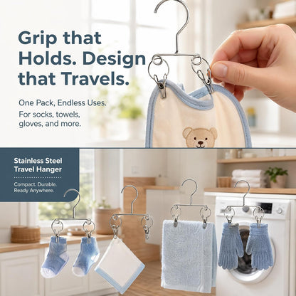 4PCS Double Clip Stainless Steel Travel Hanger, Portable Rustproof Space Saving Laundry Drying Hanger with Dual Clips, Compact Hotel Travel Hanger for Socks Handkerchiefs Small Items