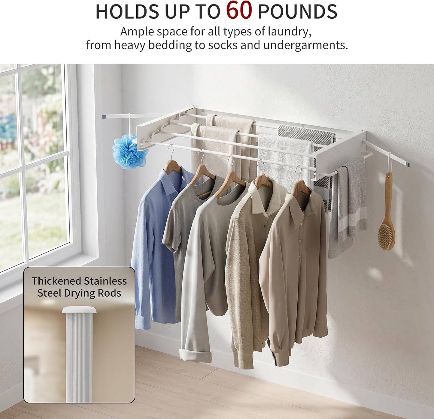 Wall Mounted Drying Rack, 31.5" Foldable Laundry Drying Rack, 60lbs Capacity, Retractable Clothes Drying Rack with Hooks, Space Saving Drying Rack for Laundry Room, Apartment