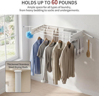 Wall Mounted Drying Rack, 31.5" Foldable Laundry Drying Rack, 60lbs Capacity, Retractable Clothes Drying Rack with Hooks, Space Saving Drying Rack for Laundry Room, Apartment