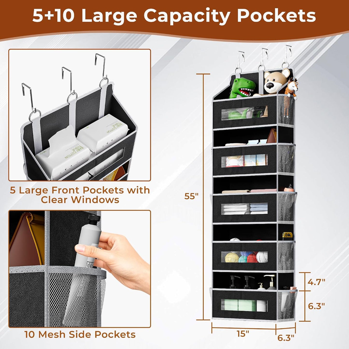 2 Pack 5 Tier Over The Door Organizer - Large Capacity Behind Door Hanging Shelves with 10 Mesh Pockets and Clear Windows, Closet Organizers and Storage for Bathroom, Bedroom, Nursery, Grey