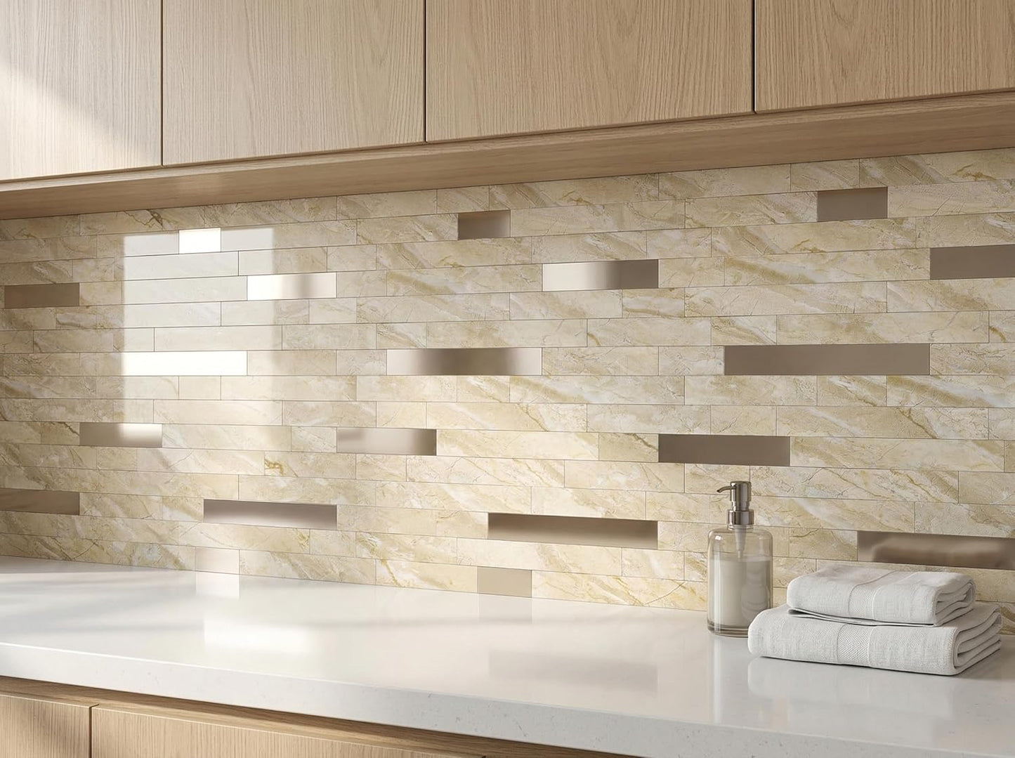 Yipscazo 2026 New Upgrade 11.34" X 11.57" Peel and Stick Backsplash, Stick on Backsplash Tiles for Kitchen, Bathroom, Fireplace (10 Sheets, Beige Rocks + Rose Gold)
