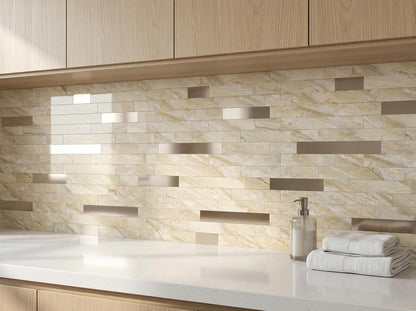Yipscazo 2026 New Upgrade 11.34" X 11.57" Peel and Stick Backsplash, Stick on Backsplash Tiles for Kitchen, Bathroom, Fireplace (10 Sheets, Beige Rocks + Rose Gold)