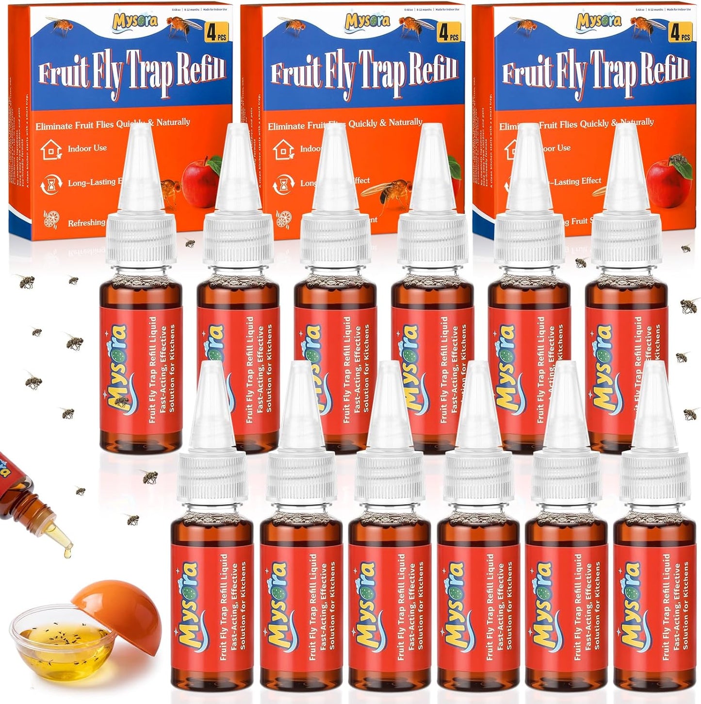 4 Pack Fruit Fly Trap Refill Liquid, 0.68 Ounces Per Bottle, Effective Fruit Fly Bait Refill, Suitable for Indoor Use, Kitchen Countertops, and Home Environments, Non-Toxic