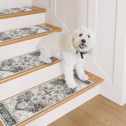 OJIA Stair Treads Non Slip for Wooden Steps Indoor 15PCS Carpet Stair Treads, Rubber Backing Stair Carpet Treads, Residue Free 8"x30" Staircase Step Treads Edging Stair Rugs for Kids & Pets, Gray