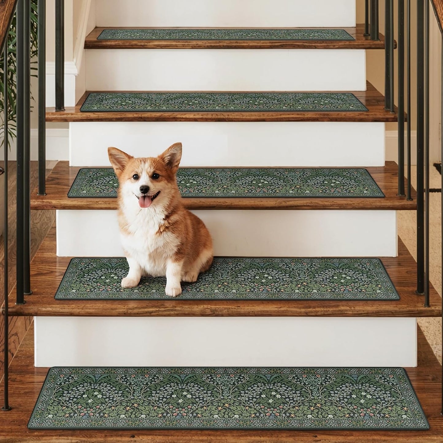 OJIA Floral Stair Treads Non-Slip Stair Runner for Wooden Steps Indoor 15PCS 30"x8" Carpet Stair Treads Stair Mats Staircase Step Treads for Kids, Elders and Dogs, Stair Covers, Black