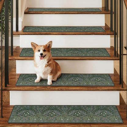 OJIA Floral Stair Treads Non-Slip Stair Runner for Wooden Steps Indoor 15PCS 30"x8" Carpet Stair Treads Stair Mats Staircase Step Treads for Kids, Elders and Dogs, Stair Covers, Black