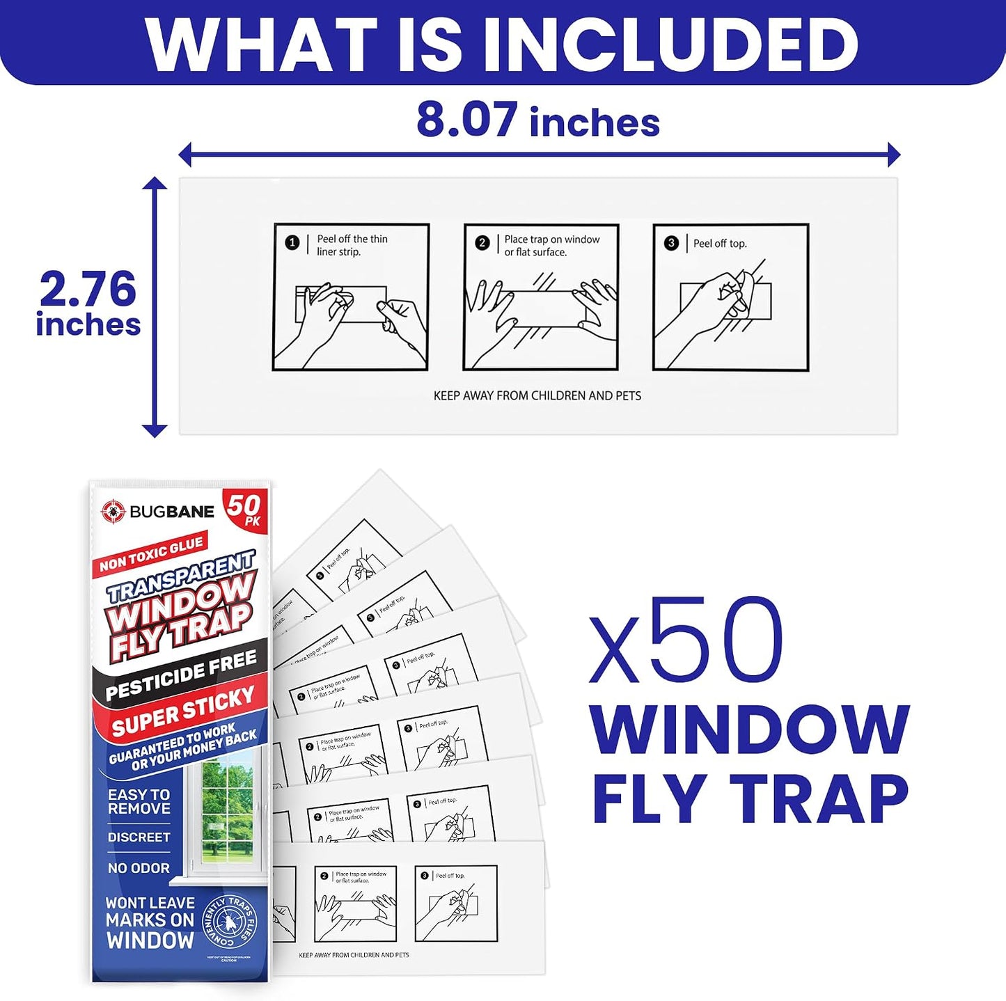 50 Window Fly Traps Sticky Non-Toxic Clear Fly Paper Indoor for Home. No Mess Flies Window Sticky Traps Bug Flies Strips Indoors. Fruit and Housefly Trap Indoor Flypaper Tape Gnat Catcher Killer