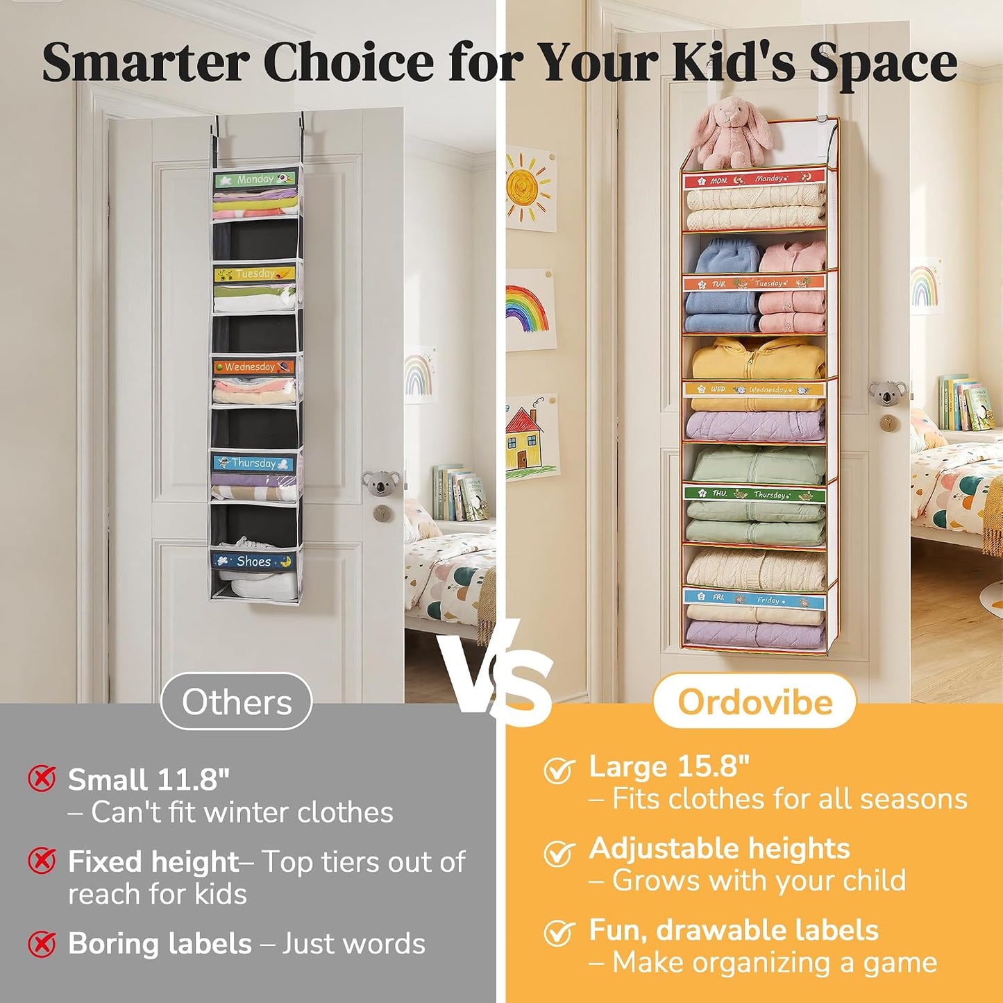 5 Tiers Ultra-thin Over Door Organizer with 10 Mesh Side Pockets, 44 lbs Weight Capacity Hanging Storage Organizer with Clear Window Kids Toys, Shoes, Diapers, White & Grey