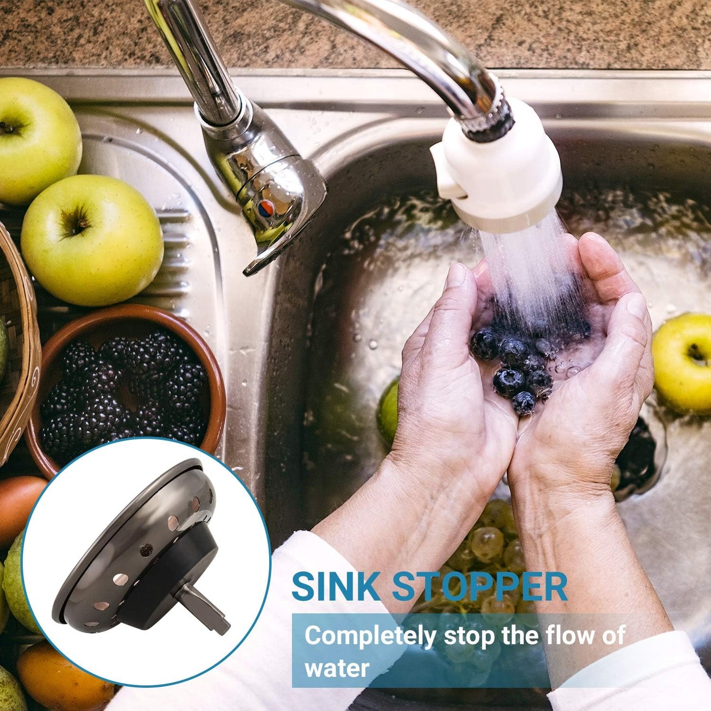 KONE 2PCS Kitchen Sink Basket Strainer Replacement for 3-1/2 Inch Standard Drains Brushed Stainless Steel Body Metal Center Knob with Rubber Stopper