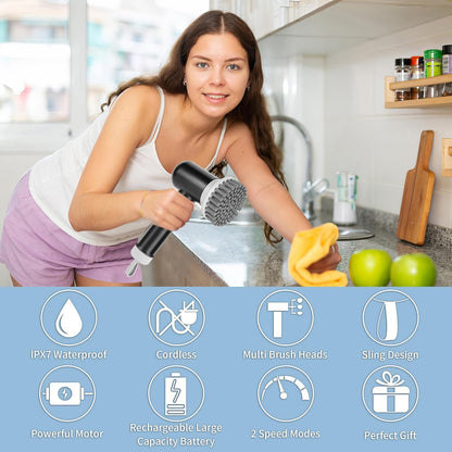 Electric Spin Scrubber, Cordless Shower Scrubber with 3 Replaceable Brushes, Waterproof Power Scrubber for Cleaning Bathroom, Kitchen, Floor, Rechargeable Electric Scrubber for Cleaning, Light Black