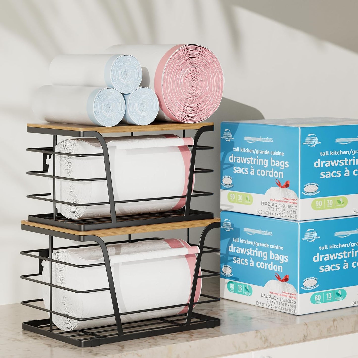 TIDIIABODE 2 Pack Stackable Storage Laundry Kitchen Organizers, Wall Mount Trash Bag Holder with Bamboo Top and Garbage Bag Dispenser No Drill