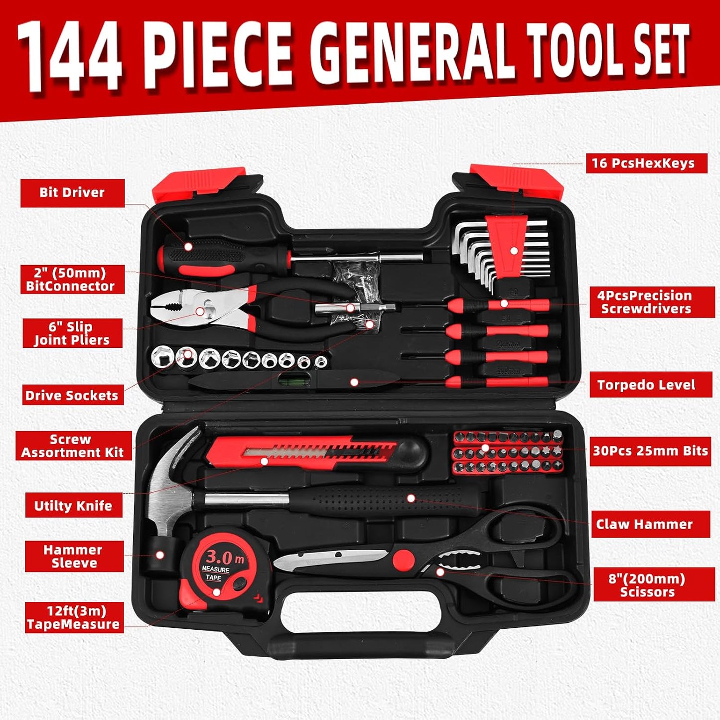 144-Piece General Household Hand Tool Kit with Plastic Toolbox Pink | Basic General Hand Tool Kit, Household Tool Set, for Home Repair, Office & College Dormitory Use, Daily Use for Women