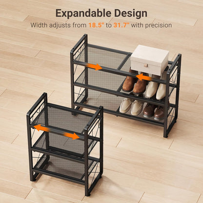 ELYKEN Shoe Rack, 2-Tier Expandable Shoe Organizer for Closet, Metal Black Shoe Shelf with 4 Hooks, Adjustable Shoe Stand Holder for Entryway, Garage, Door Entrance