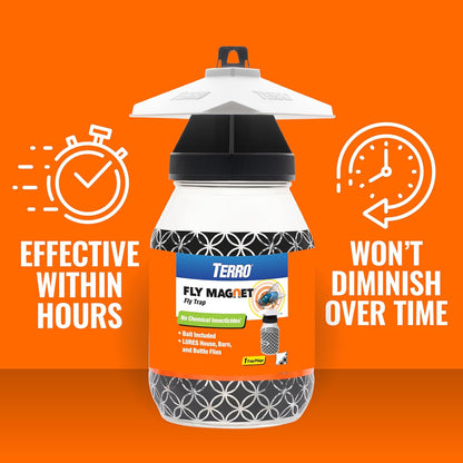 TERRO Fly Magnet Trap, Reusable Poison-Free Outdoor Fly Catcher with Bait | Kills House Flies, Barn Flies & Bottle Flies, Easy to Use Outdoor Fly Trap for Patios & Decks, Bait Activates in Hours