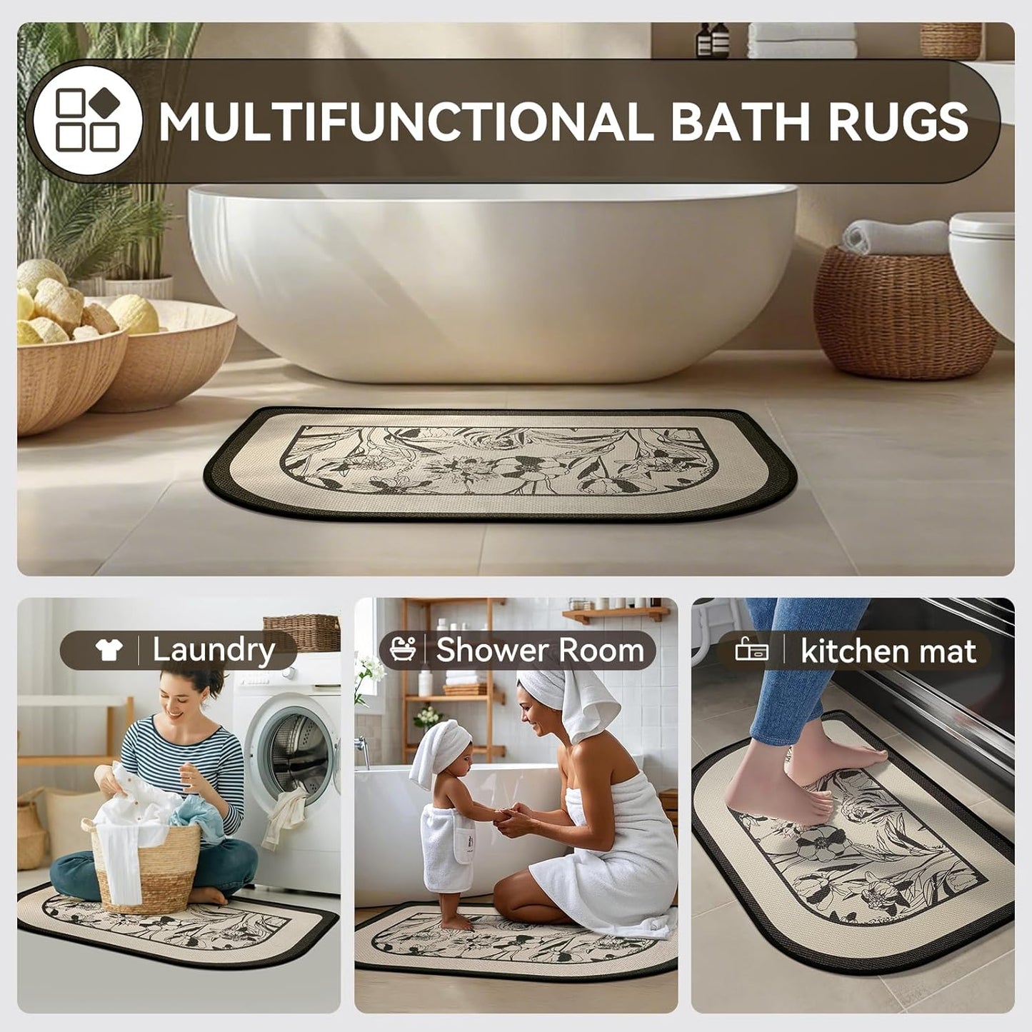 YDKGL Ultra Thin Bathroom Rugs Mat Quick Dry Absorbent Non Slip Bath Mat Bath Mats for Bathtub Mat Bathroom Carpet Fit Under Door Washable Floor Rubber Half Round Bath Rugs Grey 16x24