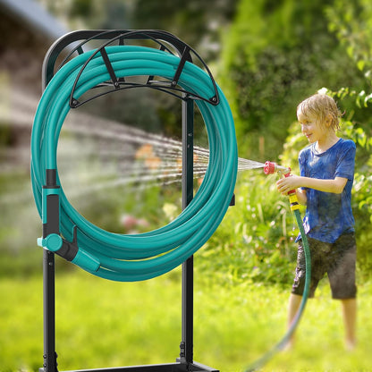 Meykwod Garden Hose Holder, Heavy Duty Water Hose Holder with 4 Spikes Holds 150ft Water Hose, Sturdy Freestanding Hose Stand Hose Hanger Hose Storage for Outside Yard Lawn (Metal, Black)
