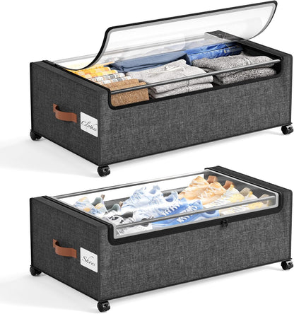 Yecaye Under Bed Storage with Wheels, 2 Pack Under Bed Storage Containers, 60L Underbed Shoe Storage with Clear Window & Label, Rolling Under Bed Metal Drawer for Clothes, Shoes, Books, Blankets