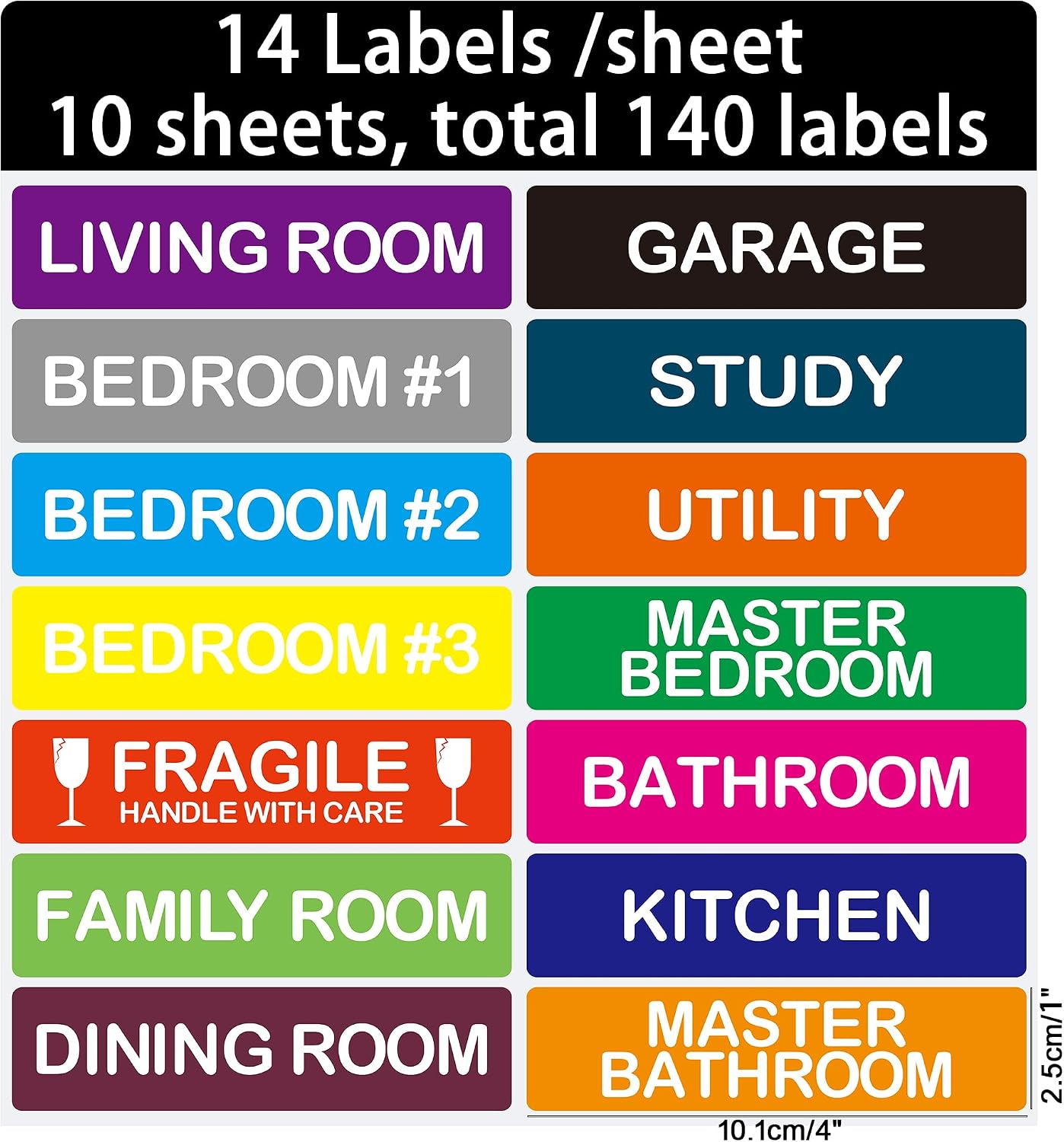 140 Pcs Home Moving Color Coding Labels, Livingroom, Bedroom, Kitchen, Dining Room, Bathroom Label, 14 Spaces Sticker/Sheet（10 Sheets） 1×4 Inch