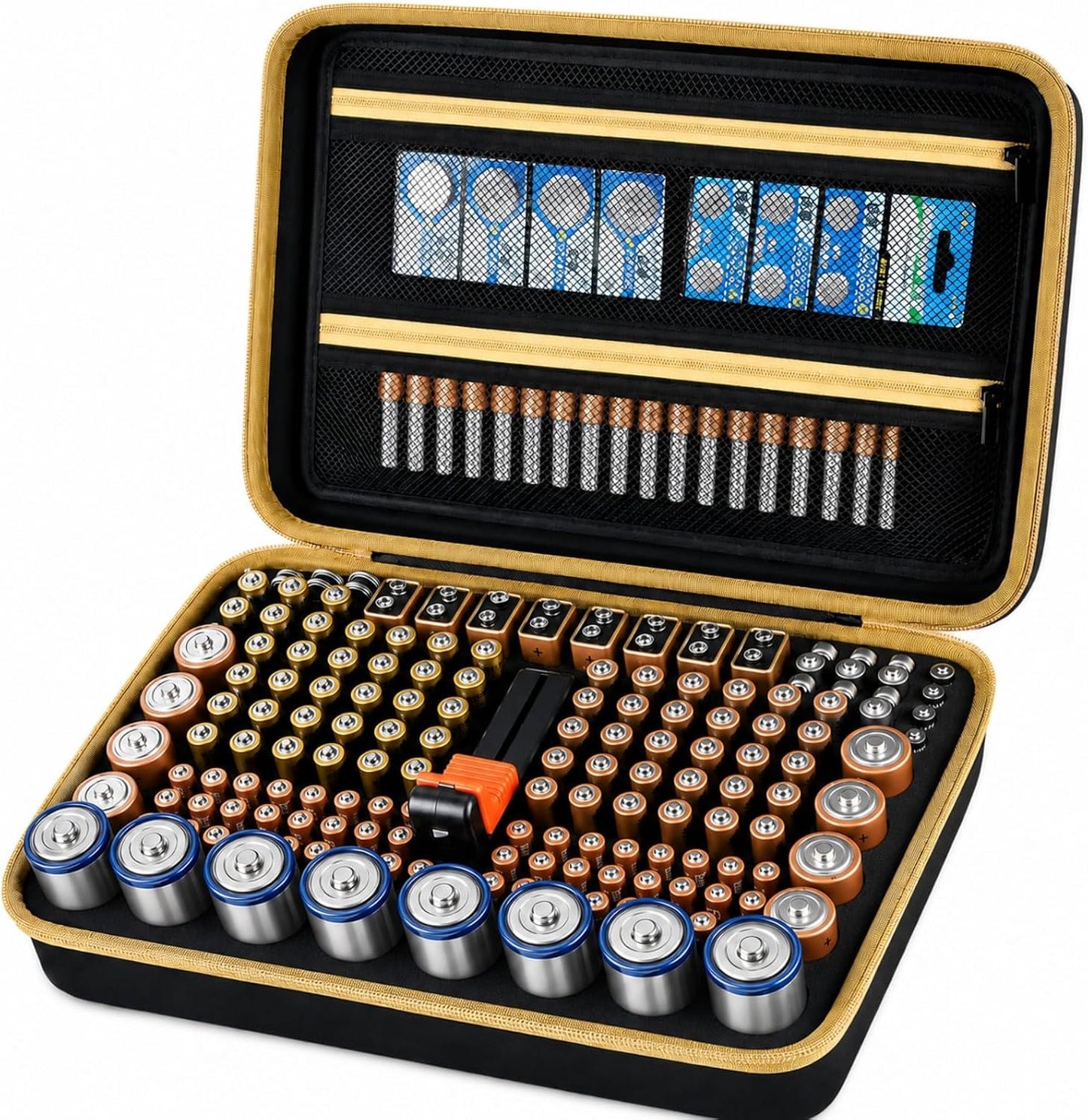 Comecase Battery Storage Case with Tester, Holds 148+ AA AAA C D 9V, Black | Hard-Shell Design, Carry Handle and Custom Foam Slots Keep Batteries Visible, Separated and Ready for Home, Garage or Office
