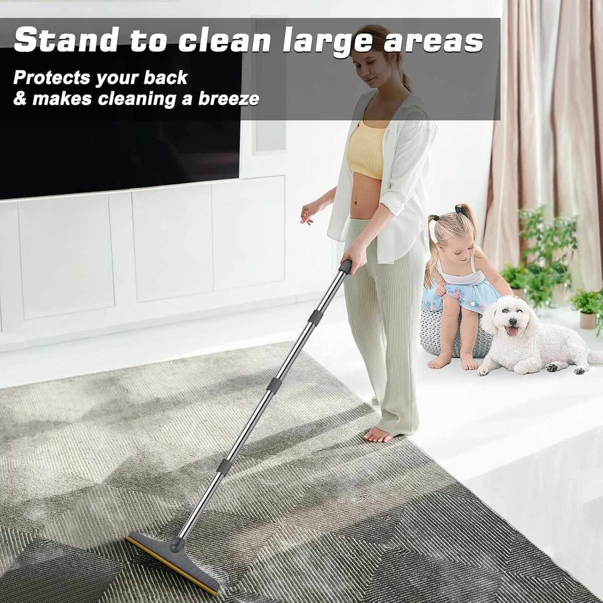B-Land Carpet Rake for Pet Hair Removal, Reusable Pet Hair Remover with 60” Adjustable Long Handle, Carpet Scraper Broom Dog Cat Hair Remover Tool Fur Sweeper for Rugs, Mats