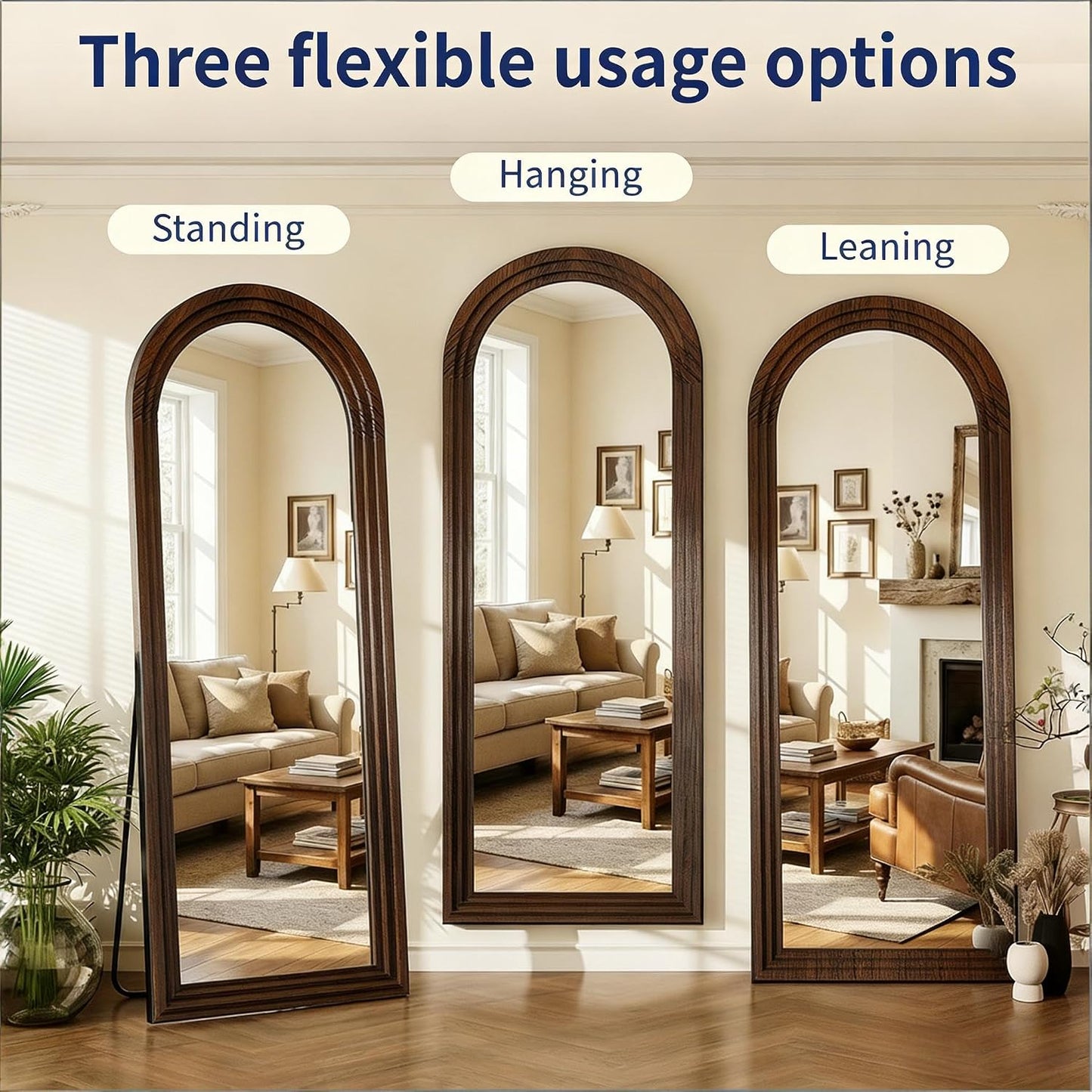 Full Length Mirror with Solid Wood Frame & Stand, 71"x32" Oversized Arched Floor Mirror, Charred Wood Finish Wall Mounted or Leaning Mirror for Bedroom Living Room, Burnt Brown