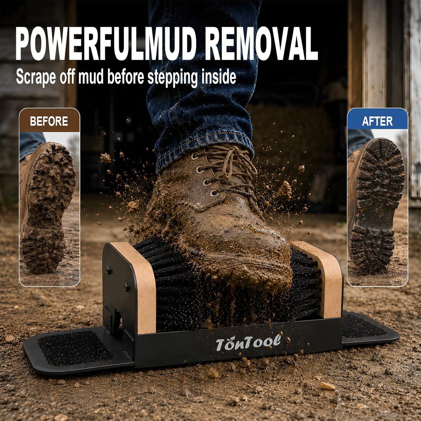 Boot Brush Scraper Outdoor Heavy Duty Boot Cleaner Brush Outdoor with Natural Stiff Bristles Boot Scrapers with Brushes Outdoor Steel Frame Non-Slip Base Foldable Side Wings Wall Mount or Freestanding