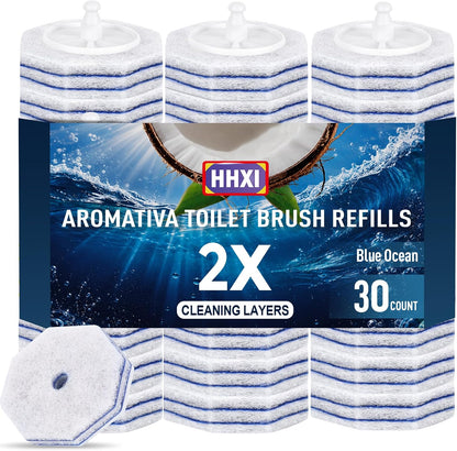 30Ct Aromative Toilet Brush Refills, Toilet Bowl Cleaner Refills, Double-Layer Cleaning Pads Added, Disposable Refill Heads for Toilet Bowl Cleaner Wands，Lemon, Blue Ocean, Lavender （Patented）