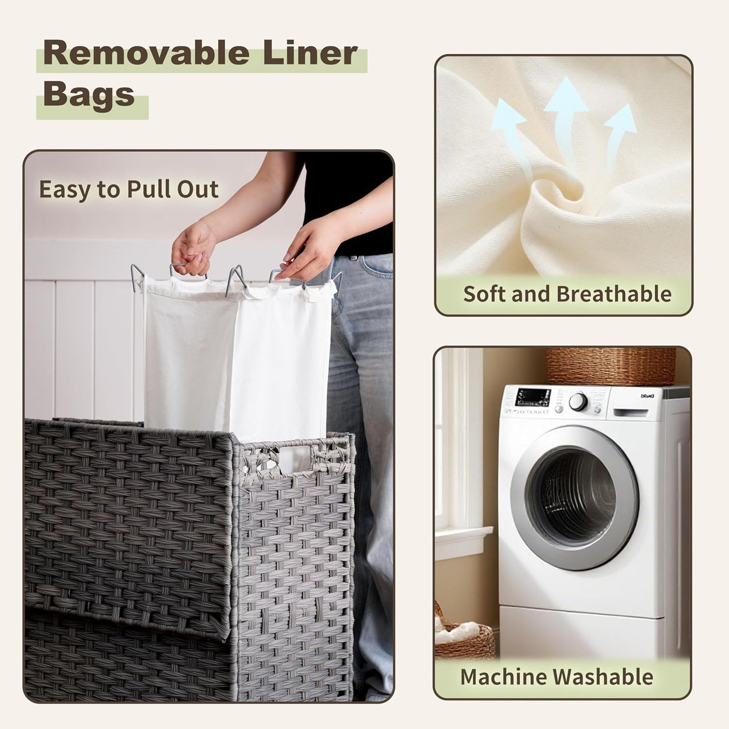 Gitelsnour Laundry Hamper with Lid, 110L (29.1 Gal) Rattan Laundry Hamper 2 Section with 50L (13.2 Gal) Storage Shelf, Wicker Woven Laundry Sorter Basket with 3 Liner Bags and Handles, Brown GLH002BR