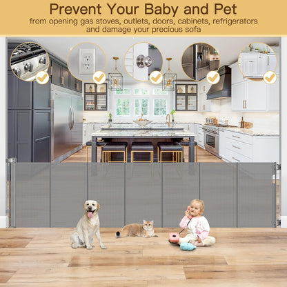 Reinforced 55" Wide Retractable Baby Gates with Reinforced Strips, Indoor/Outdoor Retractable Dog Gate for Doorway Prevent Bottom Drilling Through, No Bottom Bar Safety Mesh Baby Gate for Stair, Black