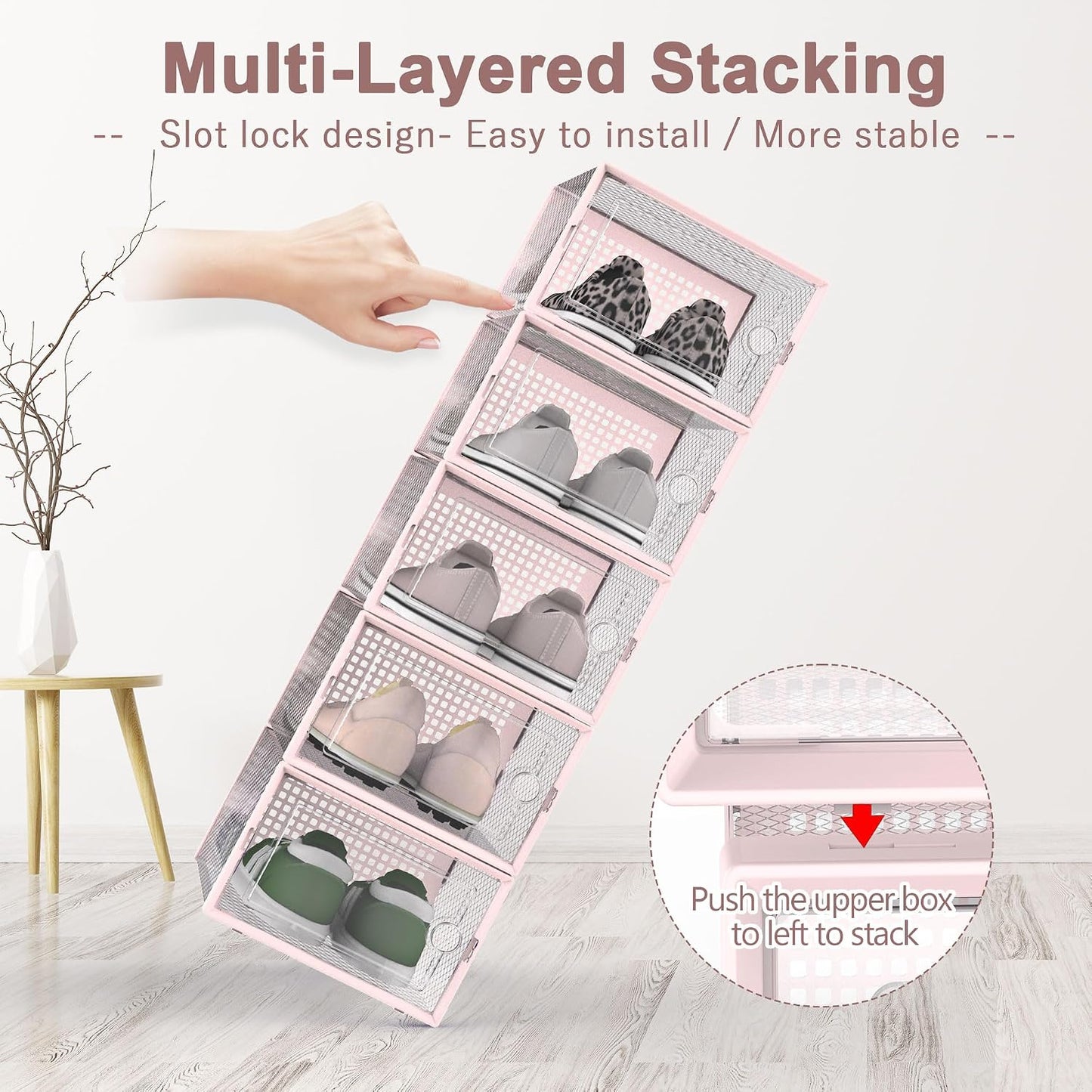 Kuject 12 Pack Large Shoe Boxes, Clear Stackable Containers with Lids,Black | Shoe organizers for closet & entryway, under-bed,Drop-front design fits women's size 10