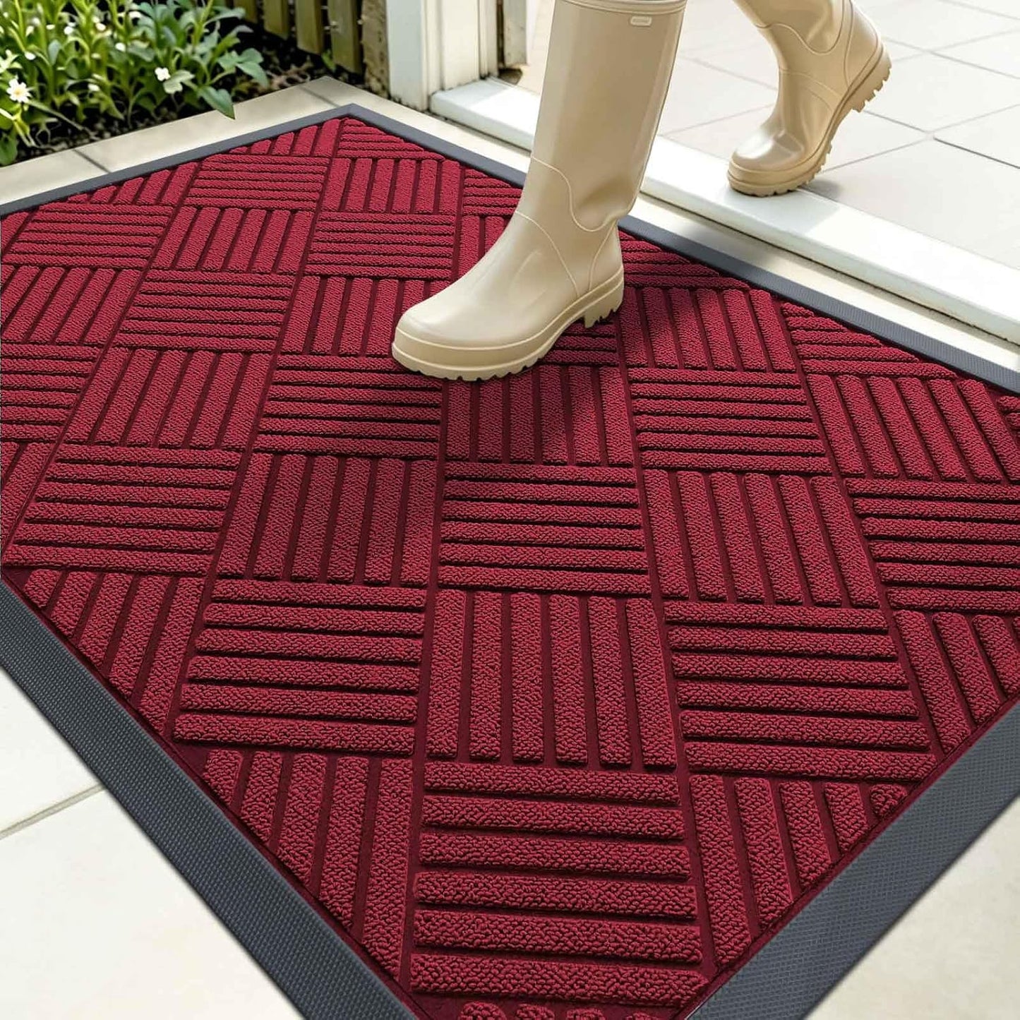 OLANLY Front Door Mat Outside Entrance 29.5x17, Absorbent, Heavy Duty Sturdy Natural Rubber Doormat Indoor Outdoor, Stain and Fade Resistant, Non-Slip Low Profile Floor Mat for Entryway, Grey Diamond