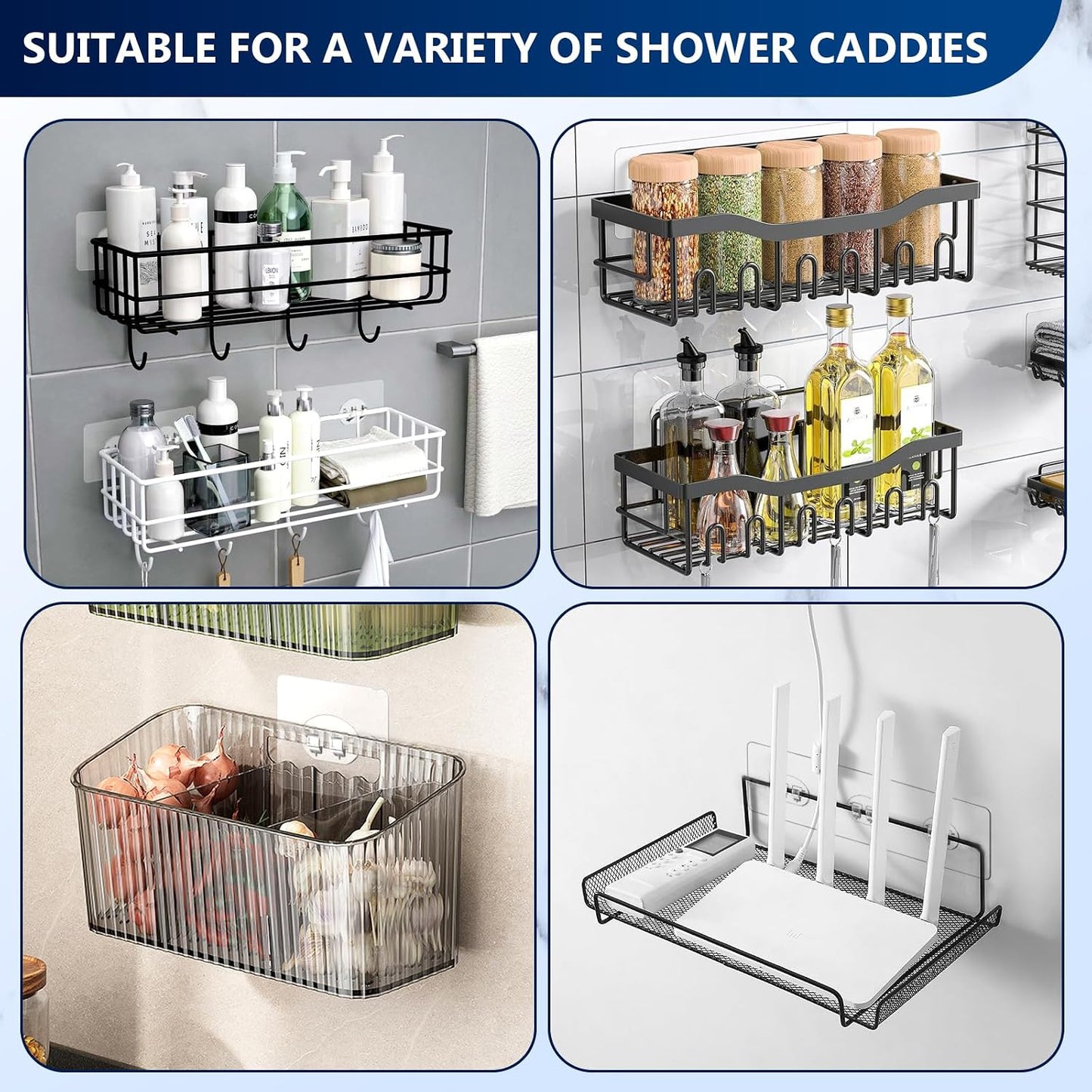 14 Pack Heavy Duty Shower Caddy Adhesive Replacement, 55 LB Hold | Up to 55 LB hold; Waterproof Shower Shelf Adhesive in 3 Hook Styles for Caddies, Shelves, Soap Holders and Racks.