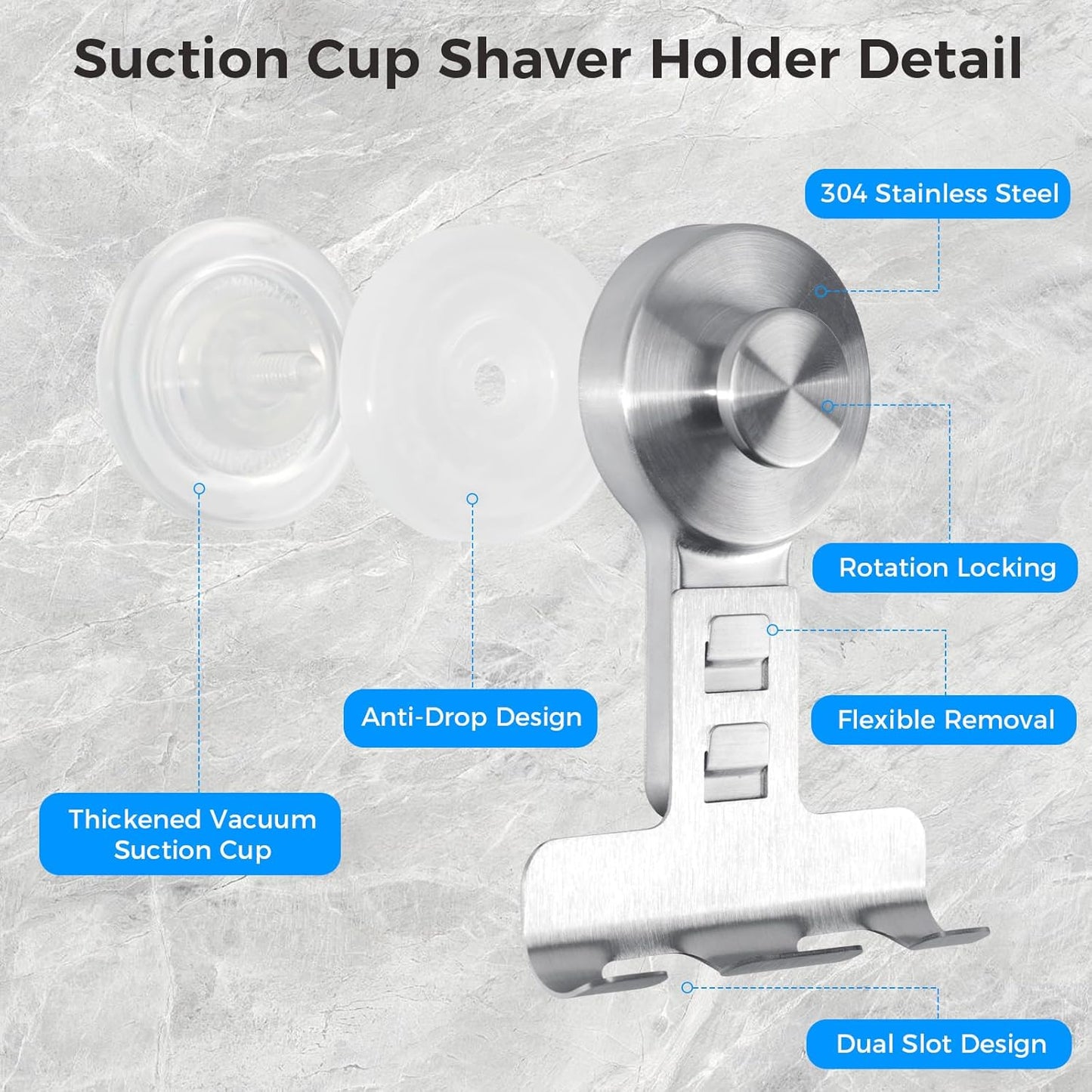 Suction Cup Razor Holder for Shower - 2 Pack | Damage-Free Wall Hooks for Towel, Loofah & Shaver | Easy Install & Reusable Suction Hooks | Stainless Steel Bathroom Organizer