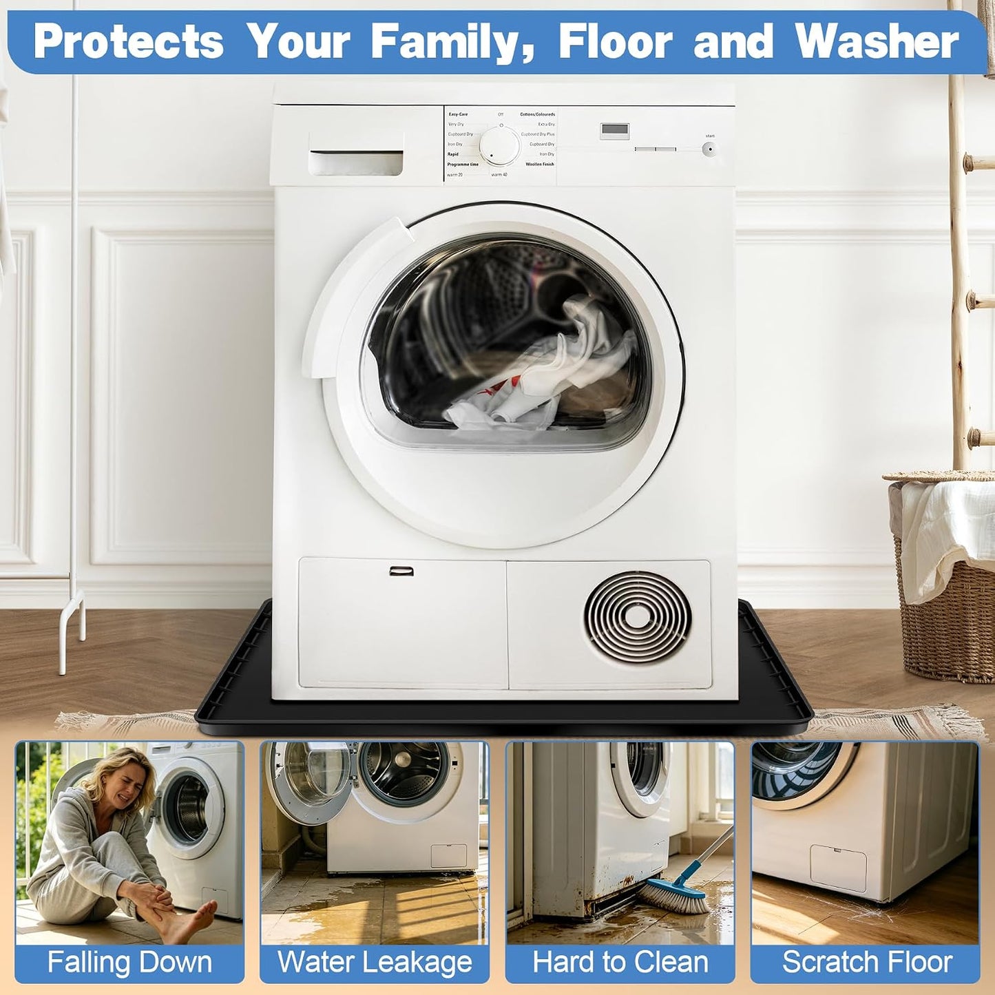 ToLanbbt 27" x 27" Washing Machine Drain Pan Mat, Soft Silicone Washer Drip Tray with 0.78" Raised Edge, Water-Proof Anti-Vibration Leak-Proof Floor Protector for Under Washer, Dryer, Fridge (Gray)