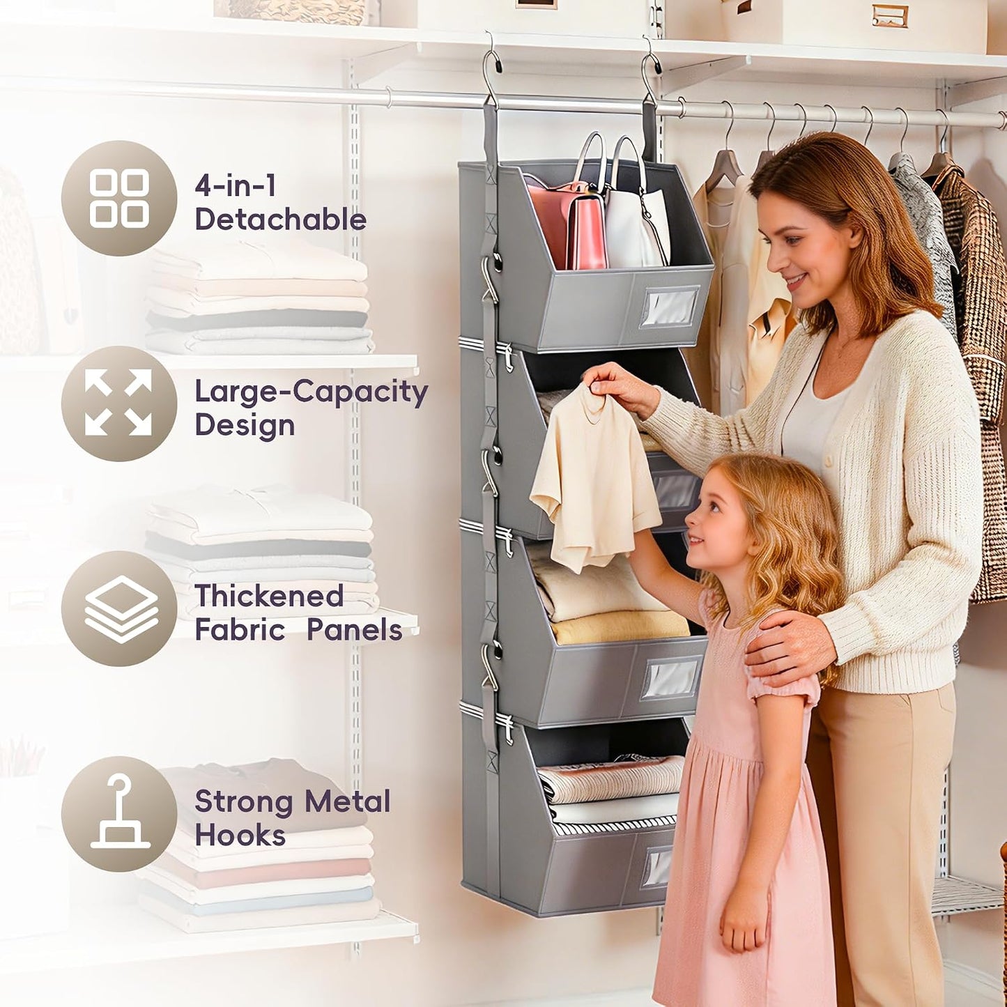 Hanging Closet Organizer 4 Tier, Hanging Shelves for Closet-Hanging Closet Organizer with Stackable Shelves,Versatile Fabric Storage Bins for Bedroom, RV, Nursery,Dorm(Purple)