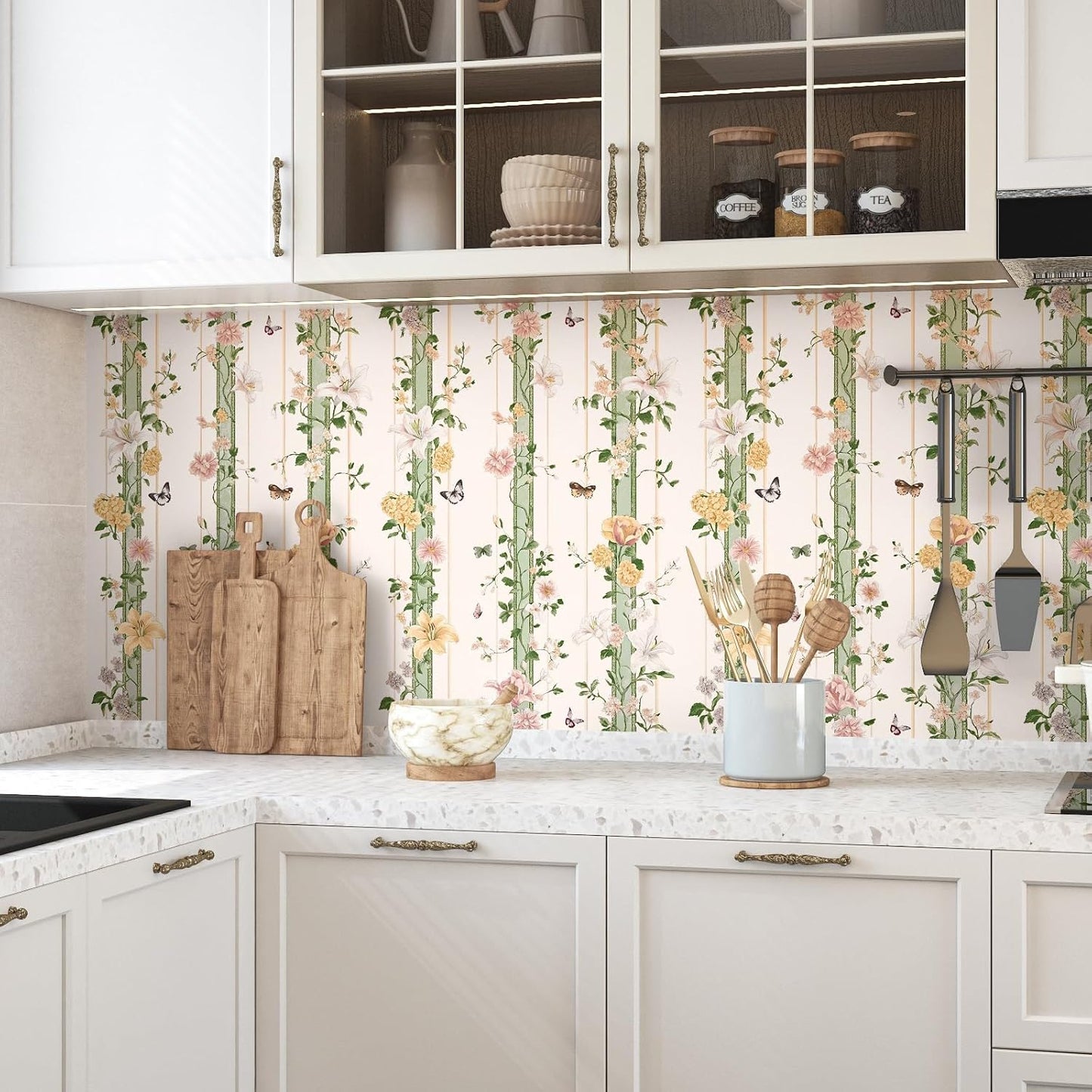 BOKEBEVE Leaves Contact Paper Floral Wallpaper Stick and Peel Boho Damask Wall Paper for Liner Drawer Cabinet Backsplash Renter Friendly Waterproof 17.5 x 118In