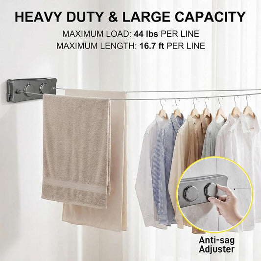Retractable Clothesline 16.7 ft – Heavy-Duty 44 lb, Rust-Proof Stainless Steel, Wall-Mounted Indoor/Outdoor Laundry Line, Easy Install for Bathroom, Balcony & Apartment (White, Single Line)