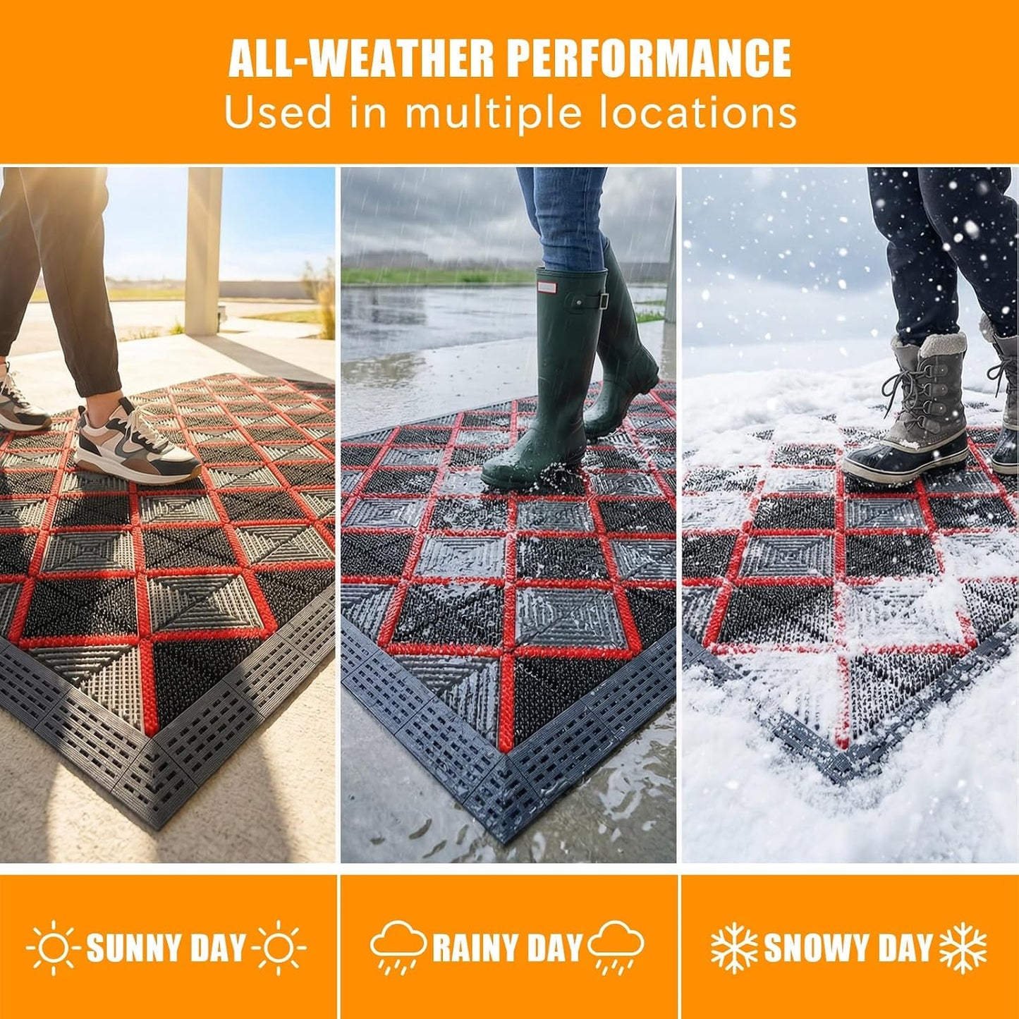 Heavy Duty Outdoor Door Mat with Drainage Holes, All-Weather EVA Boot Scraper Mat, Interlocking Floor Tiles, Non-Slip Waterproof Entrance Mat for Front Door Garage Porch(Gray+Gray,75x150cm)