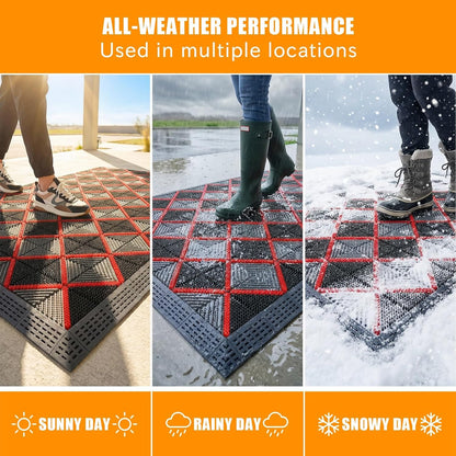 Heavy Duty Outdoor Door Mat with Drainage Holes, All-Weather EVA Boot Scraper Mat, Interlocking Floor Tiles, Non-Slip Waterproof Entrance Mat for Front Door Garage Porch(Gray+Gray,75x150cm)