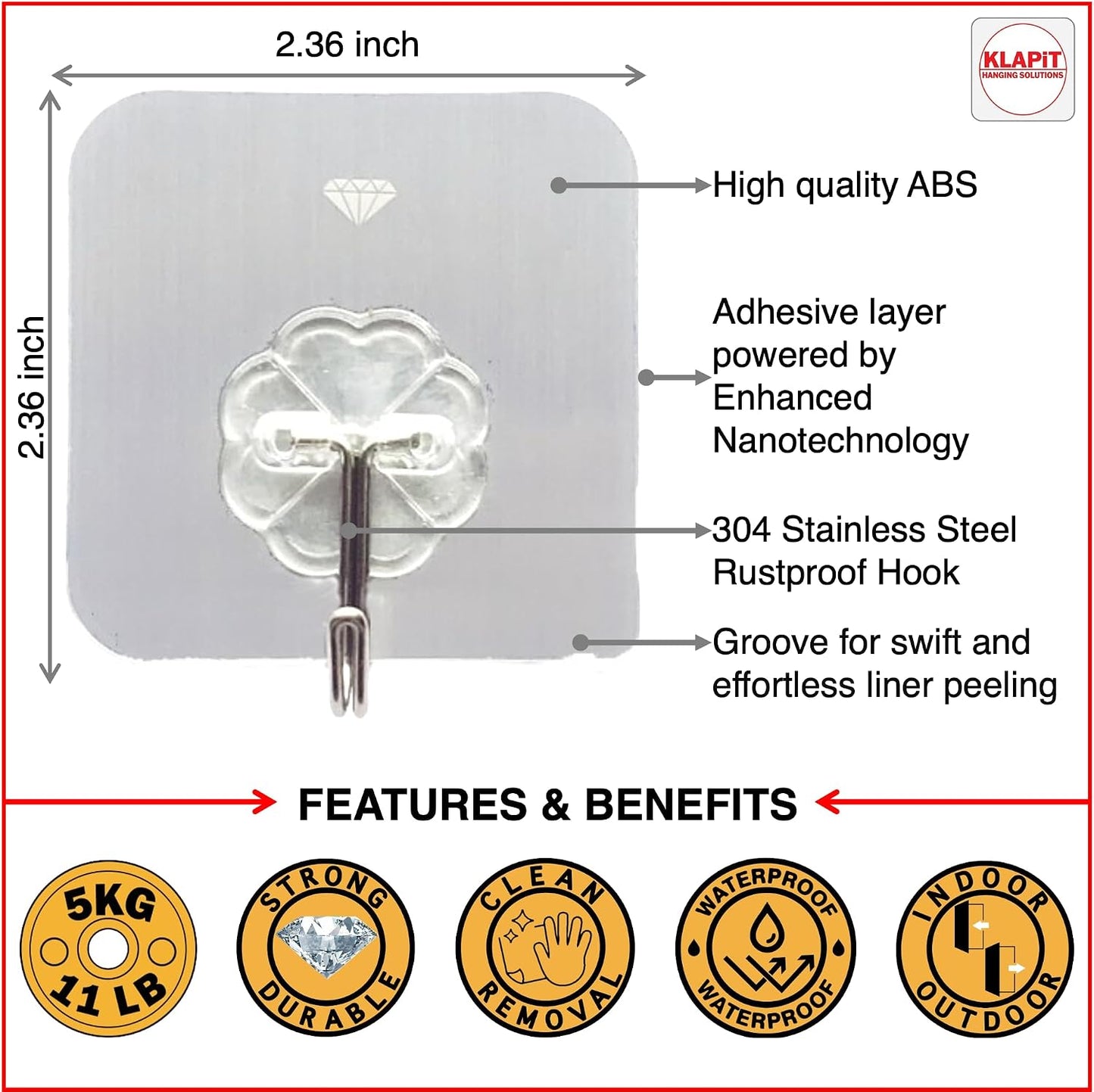KLAPiT Super Hook - Heavy-Duty Adhesive Clear Wall Hooks Made of Stainless Steel, Holds up to 11 lbs, Waterproof, No Damage, Easy Install on Tile, Wood, Stone, Glass & Metal (Clear, 8pc)