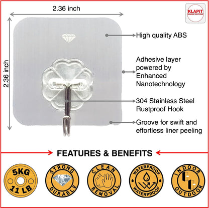 KLAPiT Super Hook - Heavy-Duty Adhesive Clear Wall Hooks Made of Stainless Steel, Holds up to 11 lbs, Waterproof, No Damage, Easy Install on Tile, Wood, Stone, Glass & Metal (Clear, 8pc)