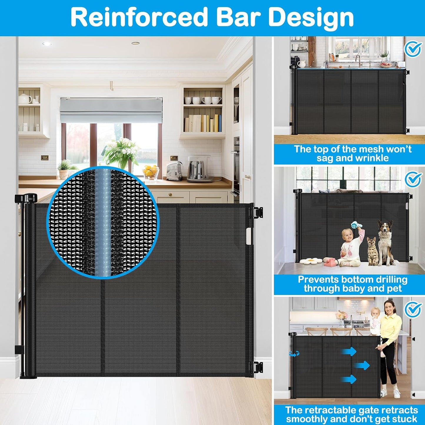 42 Inch Extra Tall Retractable Baby Gates with Reinforced Strips 55 Inch Wide Outdoor Retractable Dog Gate No Sag Extra Tall Baby Gate for Doorway Anti-Scratch Mesh Gates for Kids or Pets, White