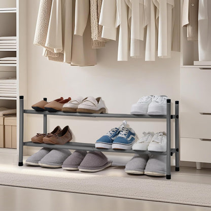 STORAGE MANIAC Expandable Shoe Rack for Closet, 8 Pairs Stackable Small Shoe Rack, Metal Adjustable Shoes Organizer for Entryway, Hallway, Garage, Front Door, Shoes Shelves, Black 2 Tier