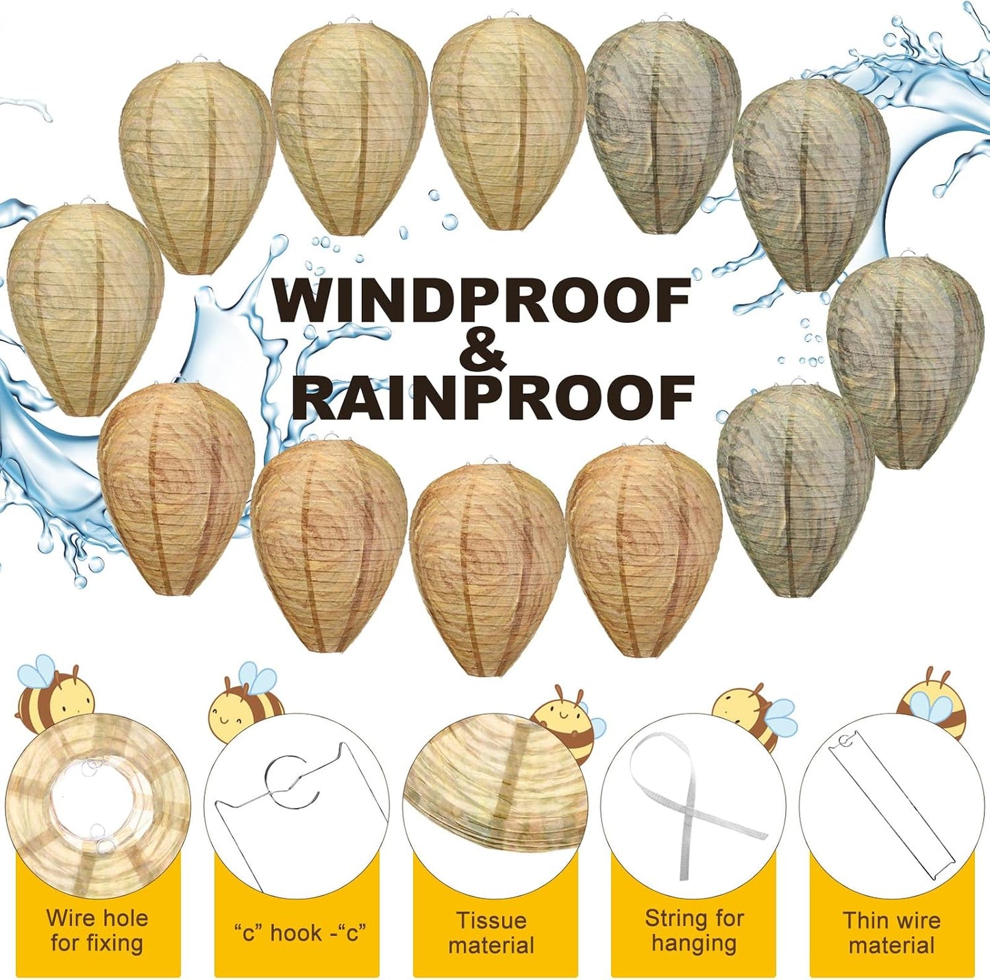Qualirey 12 Pcs Paper Wasp Nest Hanging Decoy for Tree, Front Back Porch, Back Deck, Outdoor Home Garden, Fake Hornet Nest Waterproof Wasp Trays Repellent
