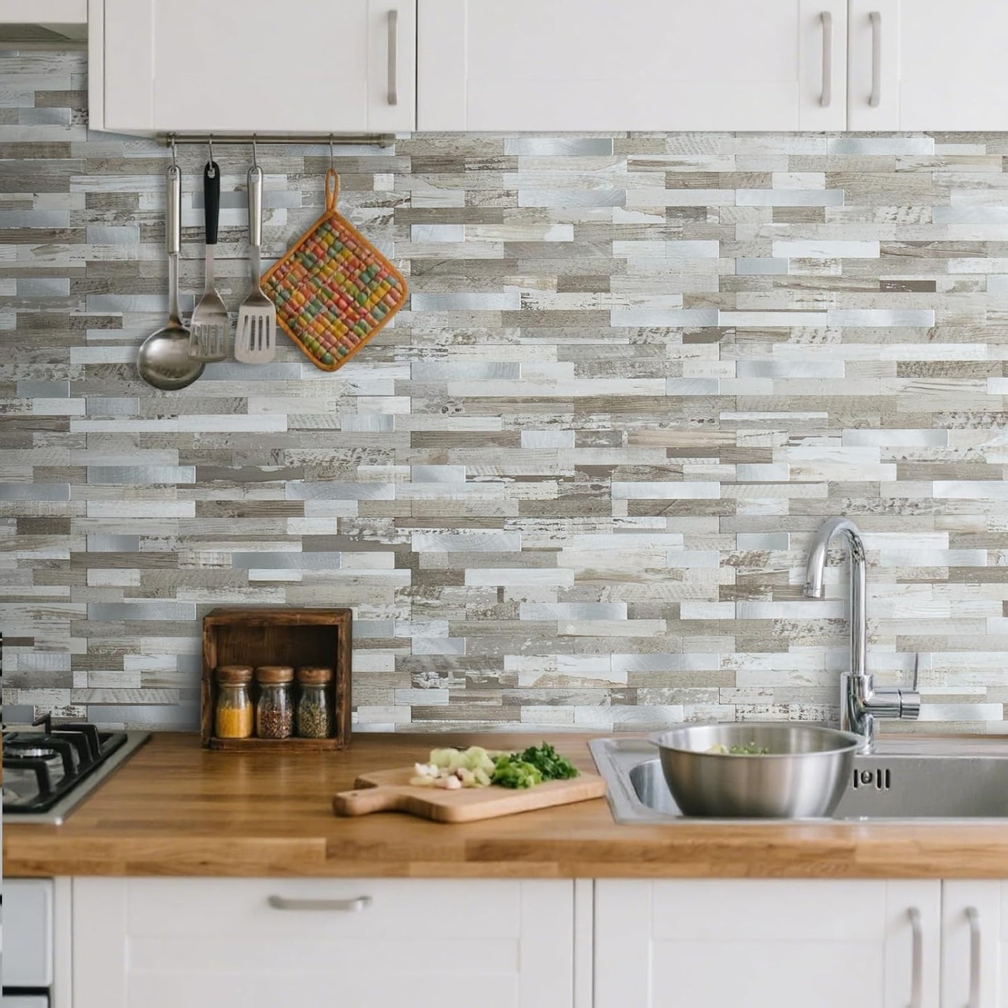 AULIGET 20 Sheets Peel and Stick Backsplash, Black & Grey Wood Look PVC Mixed Metal Stick on Backsplash Tiles for Kitchen