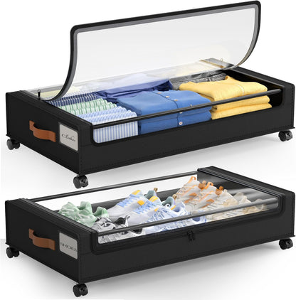 LAMU Under Bed Storage with Wheels, 2 Pack Under Bed Storage Containers with Clear Lid, XXL 60 L Underbed Storage Bins, Rolling Under Bed Metal Drawers for Clothes, Blankets, Shoes, Black