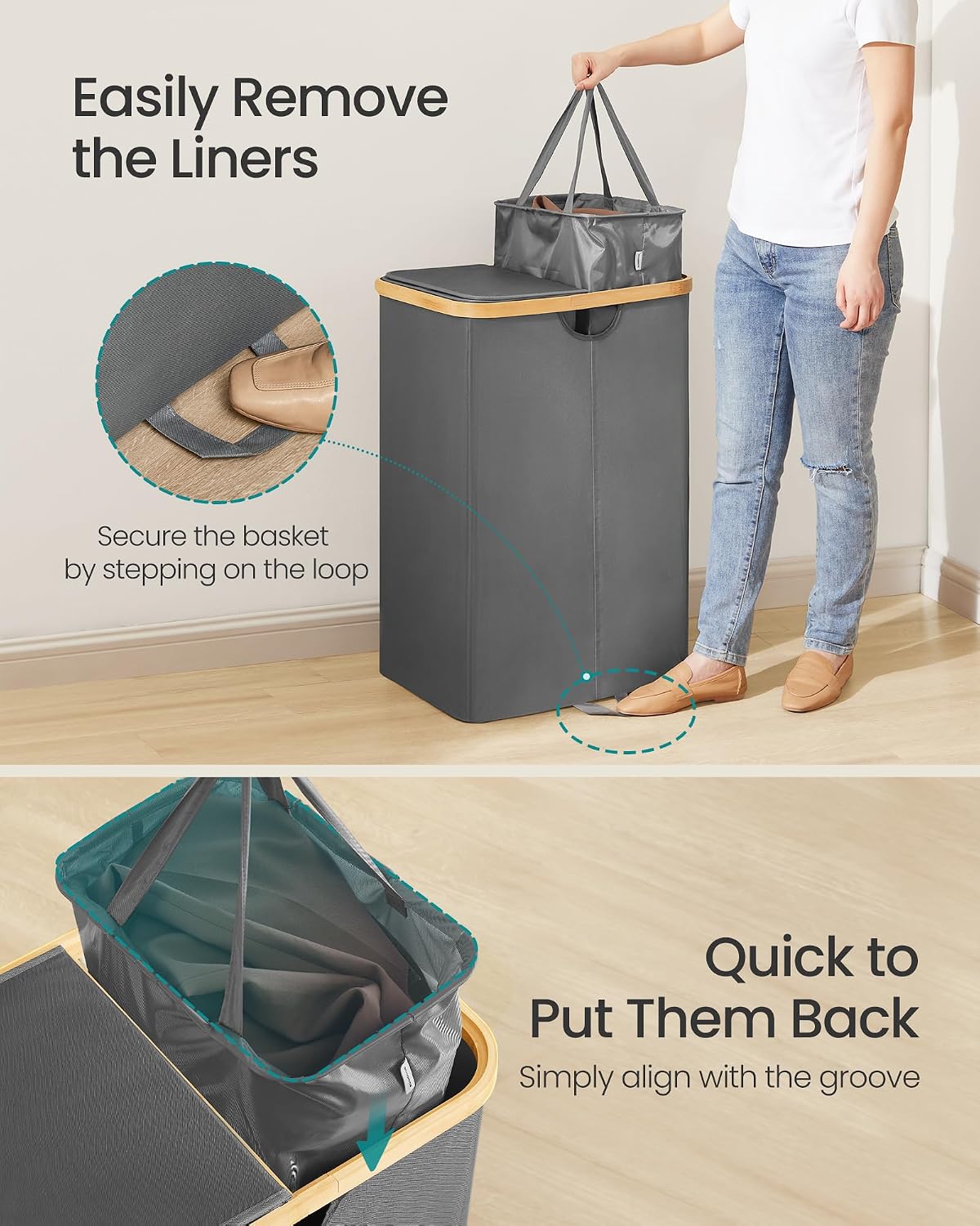 SONGMICS Laundry Hamper, Laundry Sorter with Lid, Storage Basket Bin, Removable Liners, Bamboo Frame, for Bedroom, 3 Sections, 44.9 Gal. (170 L), Ink Black ULCB533BH01