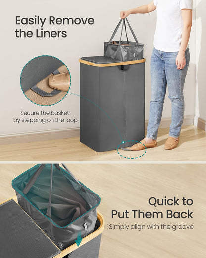 SONGMICS Laundry Hamper, Laundry Sorter with Lid, Storage Basket Bin, Removable Liners, Bamboo Frame, for Bedroom, 3 Sections, 44.9 Gal. (170 L), Ink Black ULCB533BH01