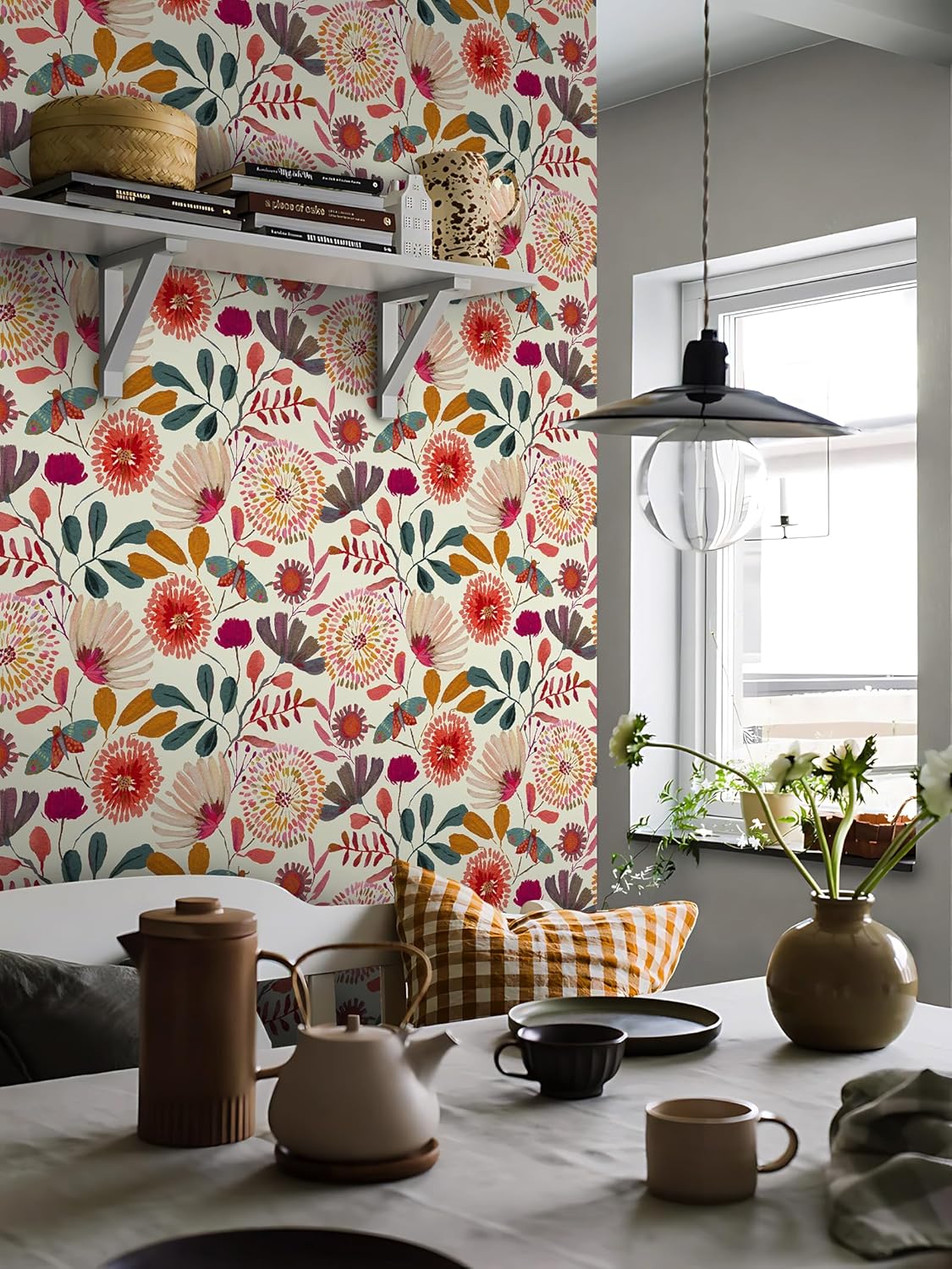 Wallpaper Peel and Stick Floral Wall Paper Removable Waterproof Navy/Pink/Orange Contact Paper for Bedroom, Bathroom,Bathroom, Home Wall 17.3" x 118"