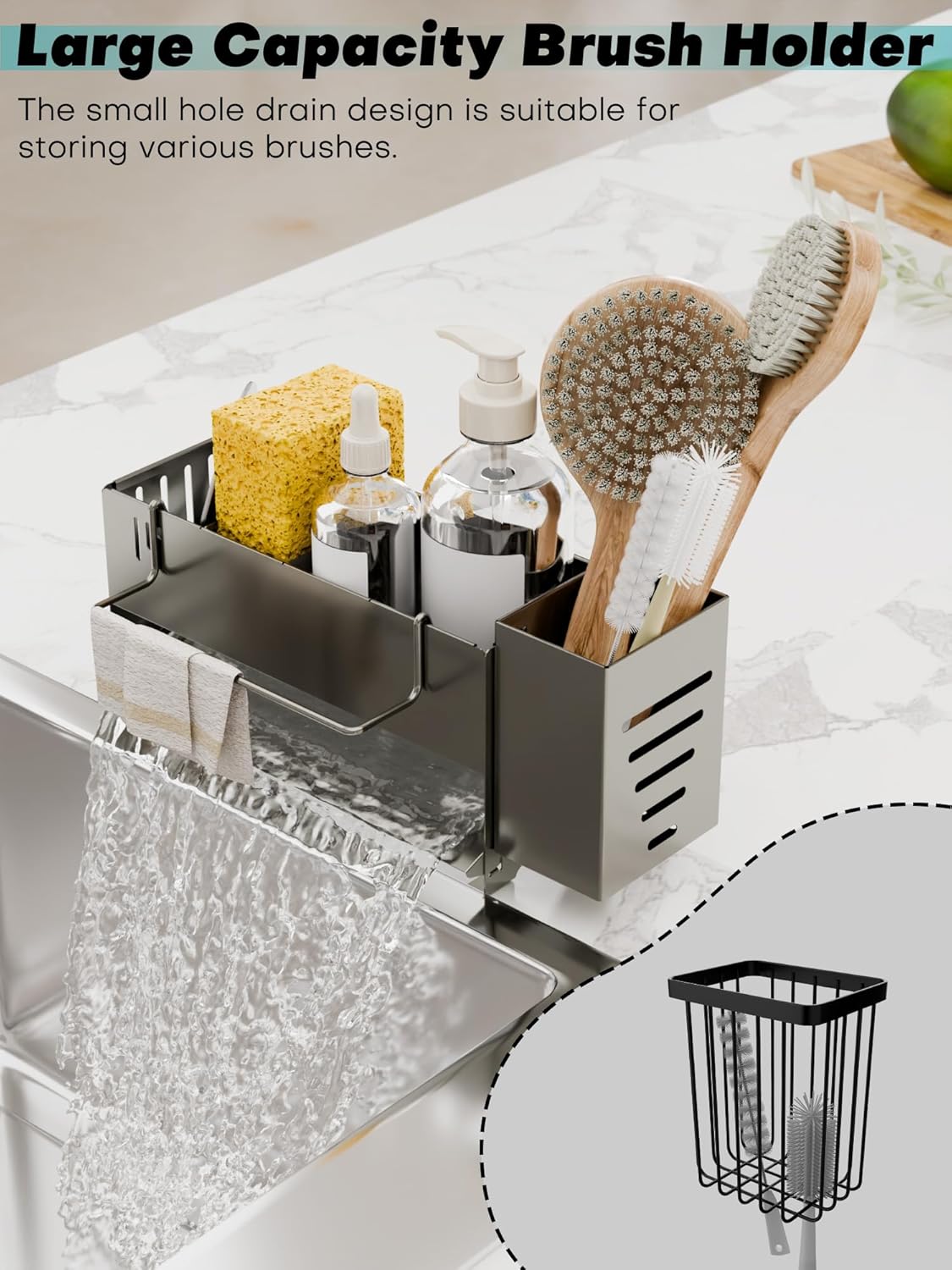 Kitchen Sink Caddy Organizer, Sponge Holder for Kitchen Sink with Upgraded Extra-Wide Drain Board, Efficient Drainage, Stainless Steel with Rust-Resistant Coating